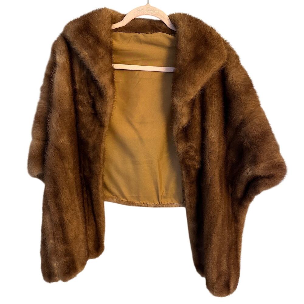 Vintage Real Fur Brown Mink Cape Coat with Shawl Collar – Cropped Length